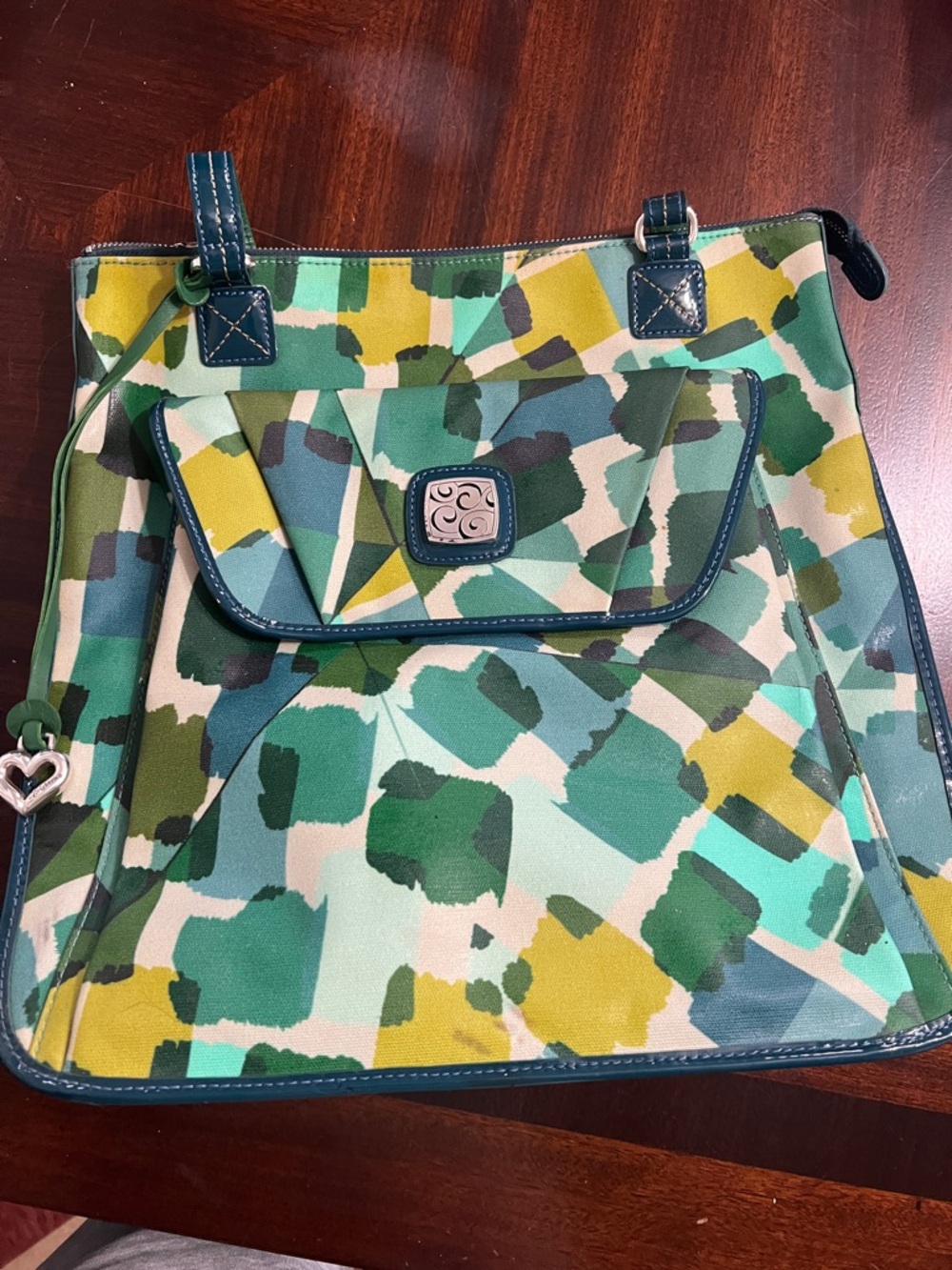 Brighton Green Multi-Color Pattern Tote with Navy Trim